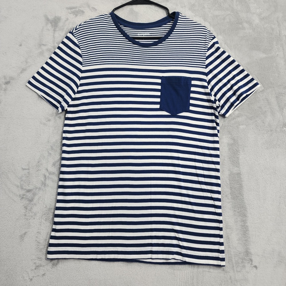 Express Shirt Mens M Blue White Striped Crew Neck Short Sleeve Pocket Tee Casual